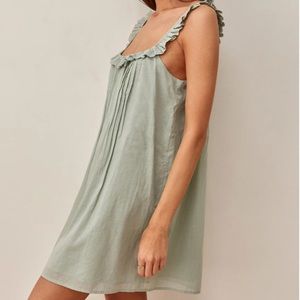 Reformation Tucker Eyelet Ruffle Cotton Shift Dress in Celadon